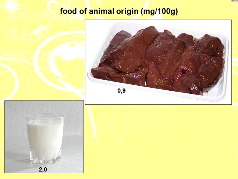 food of animal origin (mg/100g)  0,9  2,0